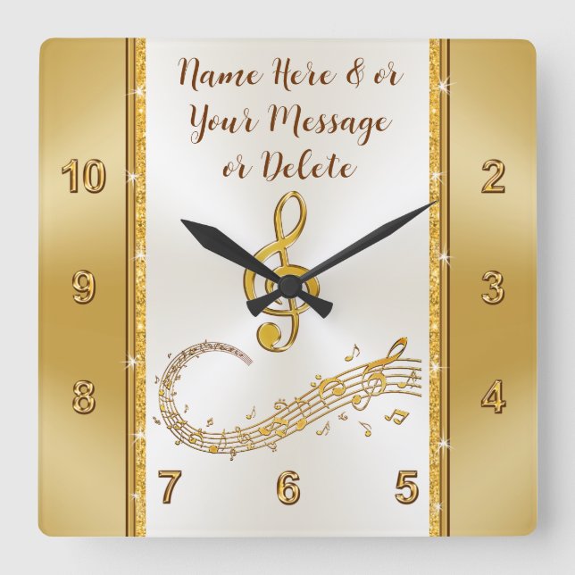 Personalisiert, Musiknoten Uhr, Gold und Elfenbein Quadratische Wanduhr (Vorderseite)