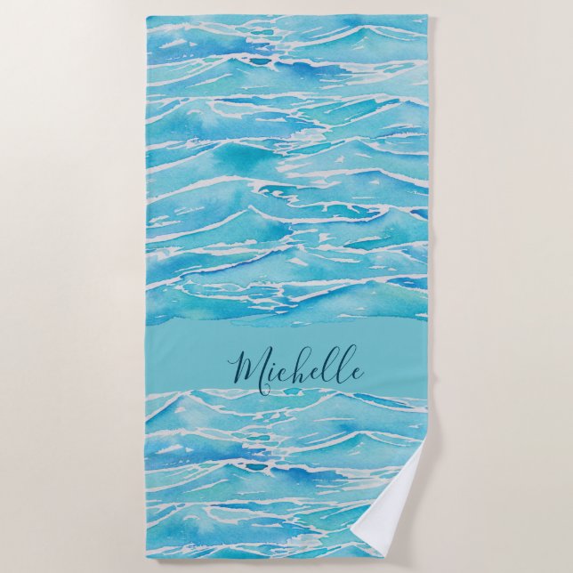 Personalisiert Name Beach Waves Wasserfarbe Neuhei Strandtuch (Vorderseite)