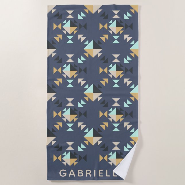 Personalisiert Name Blue Gold Southwest Geometric Strandtuch (Vorderseite)