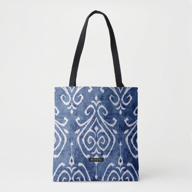 Personalisiert Name Blue Ikat Pattern Bridesmaid Tasche (Vorderseite)