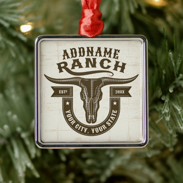 Personalisiert NAME Bull Steer Skull Western Ranch Ornament Aus Metall (Baum)