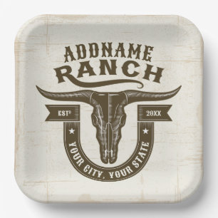Personalisiert NAME Bull Steer Skull Western Ranch Pappteller