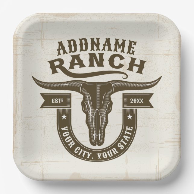 Personalisiert NAME Bull Steer Skull Western Ranch Pappteller (Vorderseite)
