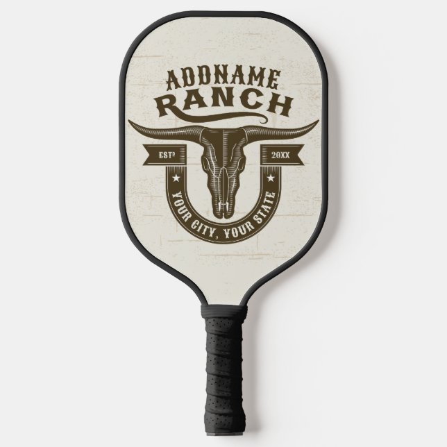 Personalisiert NAME Bull Steer Skull Western Ranch Pickleball Schläger (Vorderseite)