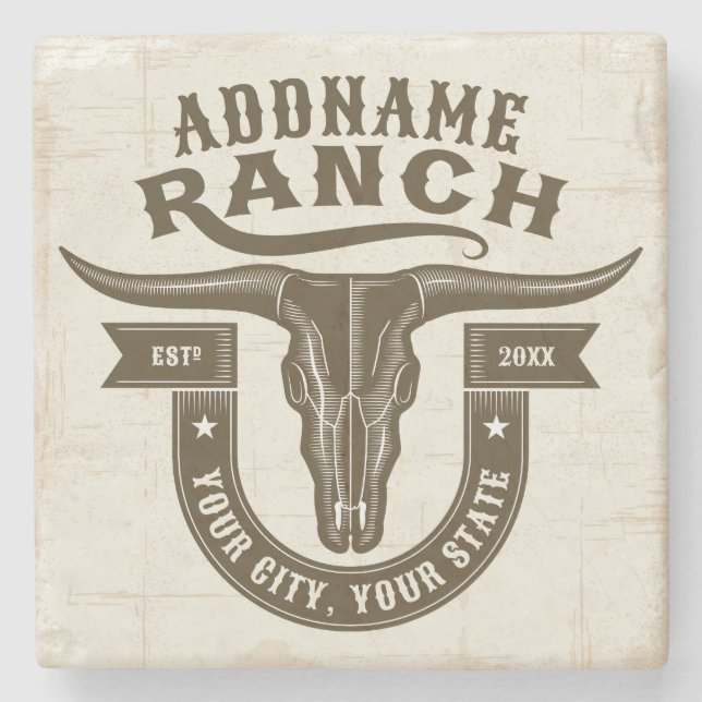 Personalisiert NAME Bull Steer Skull Western Ranch Steinuntersetzer (Vorderseite)