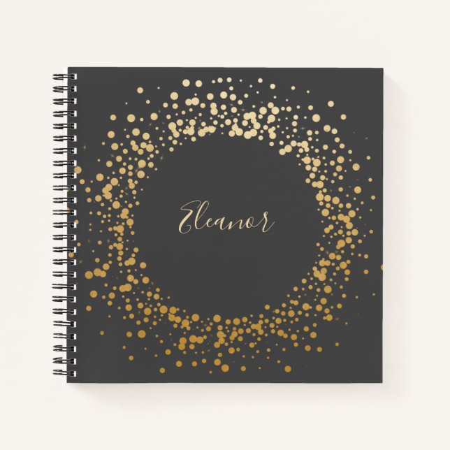 Personalisiert Name Chic Gold Confetti Dots Black Notizbuch (Vorderseite)