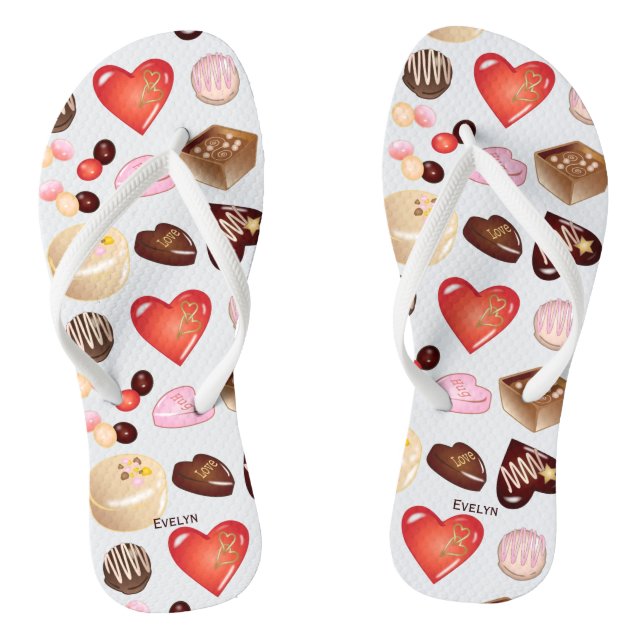 Personalisiert Name Chocolate Candy Heart Pattern Flip Flops (Fußbett)