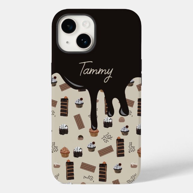 Personalisiert Name Chocolate Theme Pattern Case-Mate iPhone 14 Hülle (Rückseite)