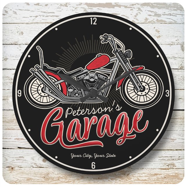Personalisiert NAME Classic Biker Motorradgarage Große Wanduhr (Von Creator hochgeladen)