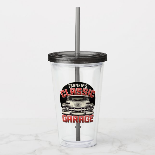 Personalisiert NAME Classic Car Garage Custom Shop Acryltrinkbecher (Vorderseite)