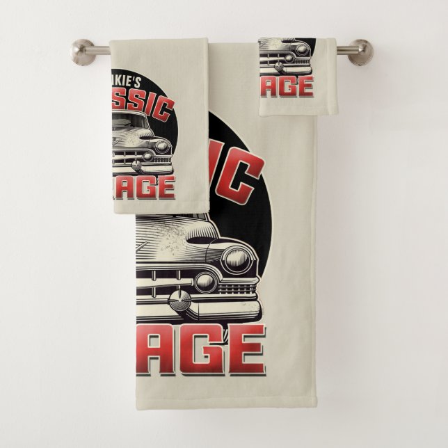 Personalisiert NAME Classic Car Garage Custom Shop Badhandtuch Set (Insitu)