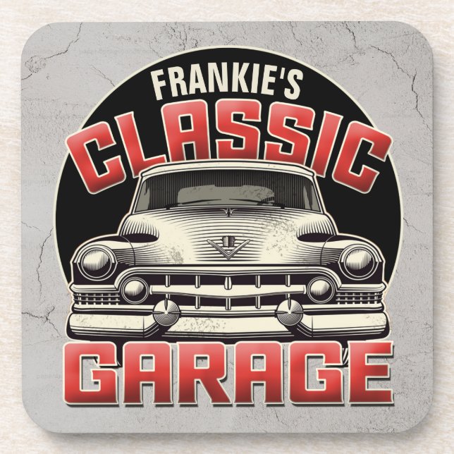 Personalisiert NAME Classic Car Garage Custom Shop Getränkeuntersetzer (Vorderseite)