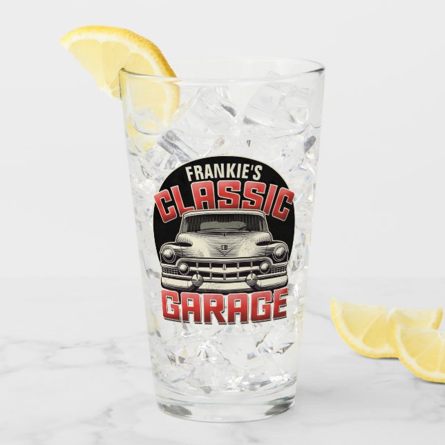 Personalisiert NAME Classic Car Garage Custom Shop Glas (Vorderseite Ice)