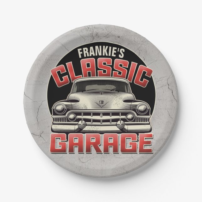 Personalisiert NAME Classic Car Garage Custom Shop Pappteller (Vorderseite)