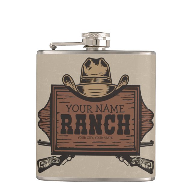 Personalisiert NAME Cowboy Guns Western Ranch Zeic Flachmann (Vorderseite)