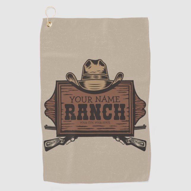 Personalisiert NAME Cowboy Guns Western Ranch Zeic Golfhandtuch (Vorderseite)