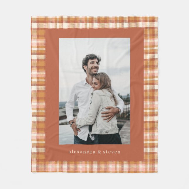 Personalisiert Name Foto Warm Earthy Gingham Karie Fleecedecke (Vorderseite)