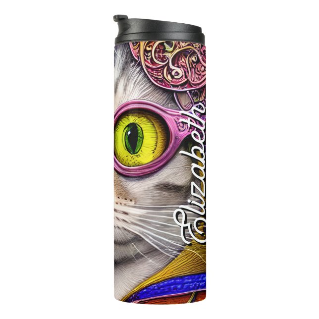 Personalisiert Name Funny Cat Funky Glasses Thermosbecher (Nach rechts gedreht)