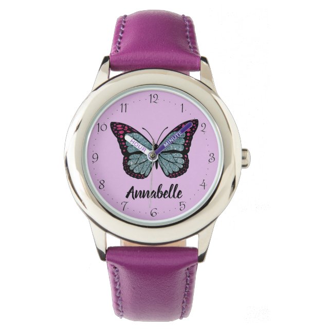 Personalisiert Name Glitzer Butterfly Lila Armbanduhr (Vorderseite)