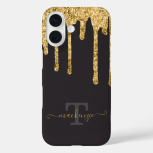 Personalisiert Name Gold Fake Glitzer Tropfen Mono iPhone 16 Hülle