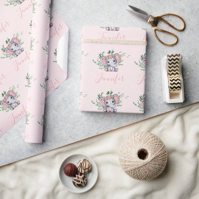 Personalisiert Name Grüne Elephant Baby Girl Pink Geschenkpapier (Kunsthandwerk)