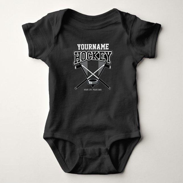 Personalisiert NAME Hockey Player Stick Puck Team Baby Strampler (Vorderseite)