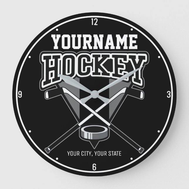 Personalisiert NAME Hockey Player Stick Puck Team Große Wanduhr (Vorderseite)