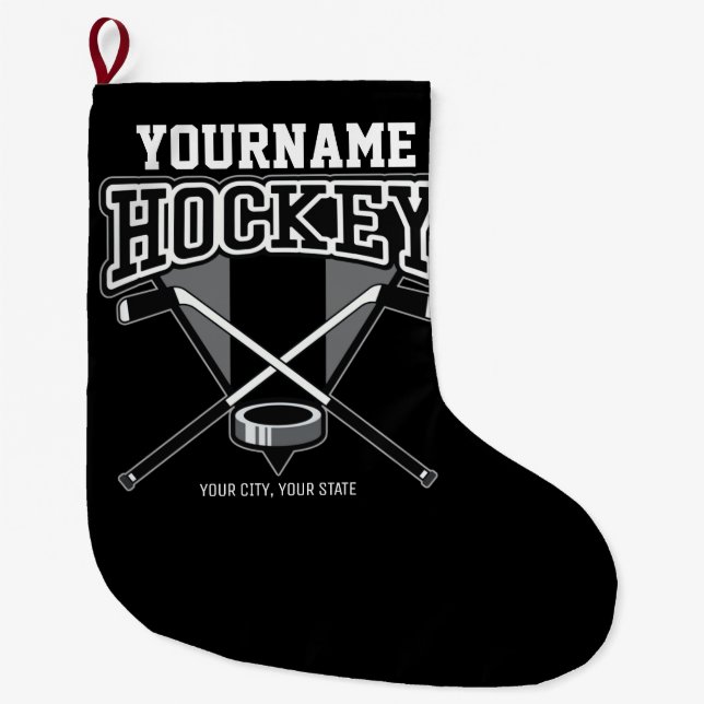 Personalisiert NAME Hockey Player Stick Puck Team Großer Weihnachtsstrumpf (Vorderseite)