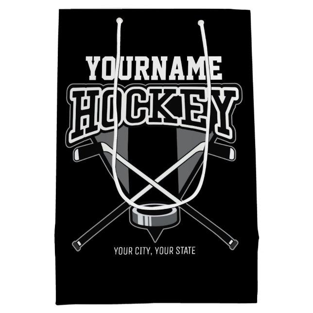 Personalisiert NAME Hockey Player Stick Puck Team Mittlere Geschenktüte (Rückseite)