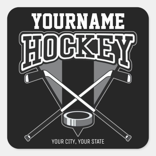 Personalisiert NAME Hockey Player Stick Puck Team Quadratischer Aufkleber (Vorderseite)