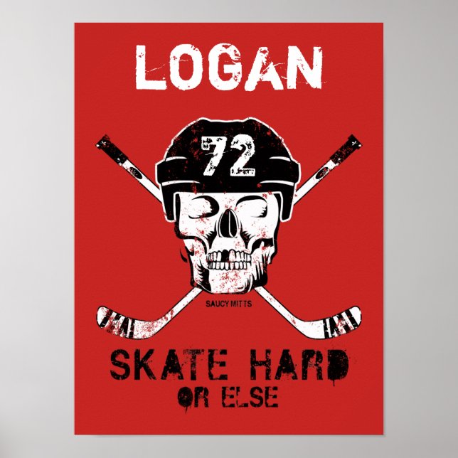 Personalisiert Name Hockey Skull Helmet Sticks Red Poster (Vorne)