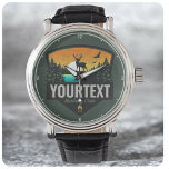 Personalisiert NAME Hunter Wilderness Elch Jagen L Armbanduhr<br><div class="desc">Personalisiertes Hunter Hirschjagd Club Design - Elch mit Antlern,  grüne Pinienbäume,  wunderschöner Fluss und goldener Sonnenuntergang - Passen Sie Ihren Namen oder Ihren eigenen Text an!</div>
