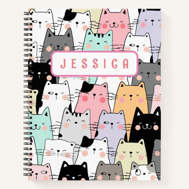 Personalisiert Name Kawaii Cat Notebook Notizbuch (Vorderseite)