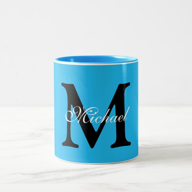 Personalisiert Name Monogram Blue Background Zweifarbige Tasse (Mittel)