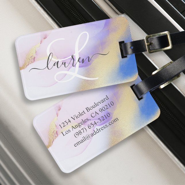 Personalisiert Name Monogram Lila Watercolor Luxe Gepäckanhänger (Von Creator hochgeladen)
