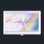 Personalisiert Name Monogram Lila Watercolor Luxe Visitenkarten Dose<br><div class="desc">Diese abstrakte lila Aquarellfarbe und das goldene Imitat bespritzen den Hintergrund mit Ihren individuellen Details.</div>