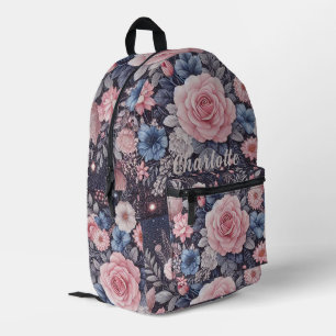 Personalisiert Name Navy Blue Pink Glitzer Blume Bedruckter Rucksack
