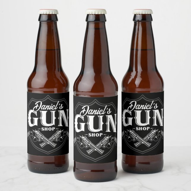 Personalisiert NAME Old Revolvers Gun Shop Feuerwa Bierflaschenetikett (Flaschen)