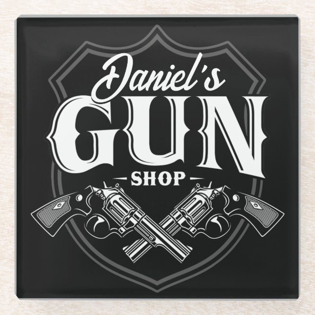 Personalisiert NAME Old Revolvers Gun Shop Feuerwa Glasuntersetzer (Vorderseite)