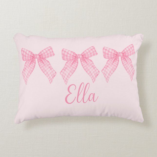 Personalisiert Name Pink Gingham Coquette Bow Pill Dekokissen (Vorderseite)
