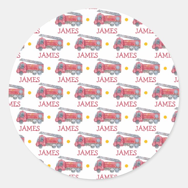 Personalisiert Name Red Fire LKW Party Runder Aufkleber (Vorderseite)