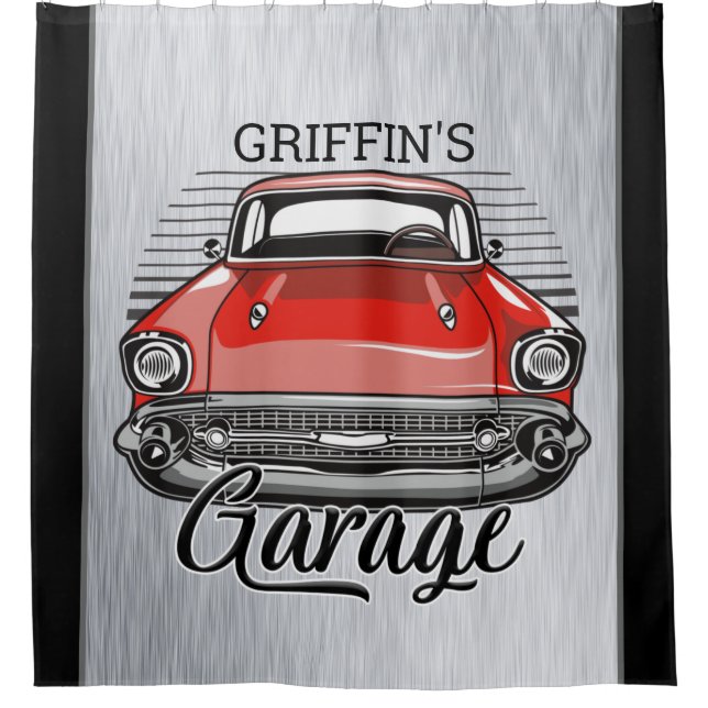 Personalisiert NAME Retro Red Classic Autogarage Duschvorhang (Vorderseite)