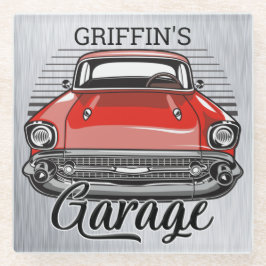 Personalisiert NAME Retro Red Classic Autogarage Glasuntersetzer