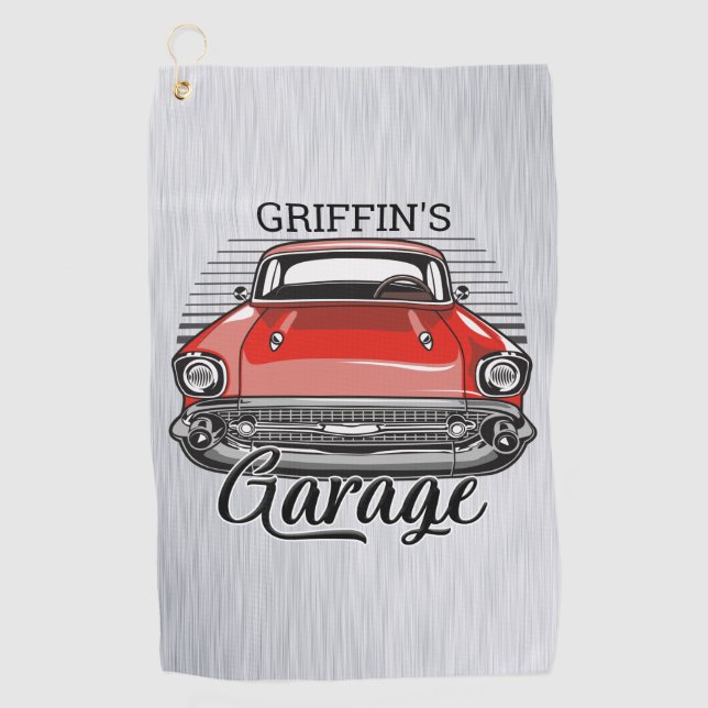Personalisiert NAME Retro Red Classic Autogarage Golfhandtuch (Vorderseite)