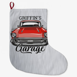 Personalisiert NAME Retro Red Classic Autogarage Großer Weihnachtsstrumpf