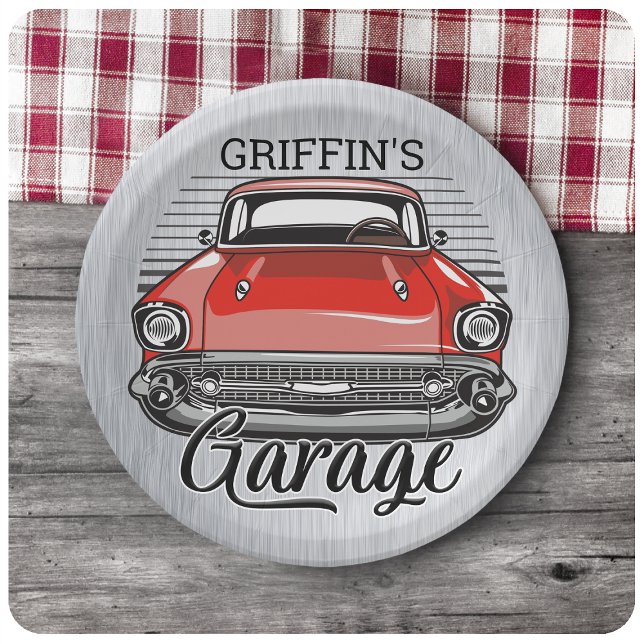 Personalisiert NAME Retro Red Classic Autogarage Pappteller (Von Creator hochgeladen)