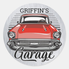 Personalisiert NAME Retro Red Classic Autogarage Runder Aufkleber