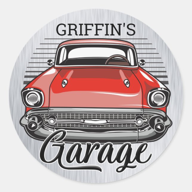 Personalisiert NAME Retro Red Classic Autogarage Runder Aufkleber (Vorderseite)