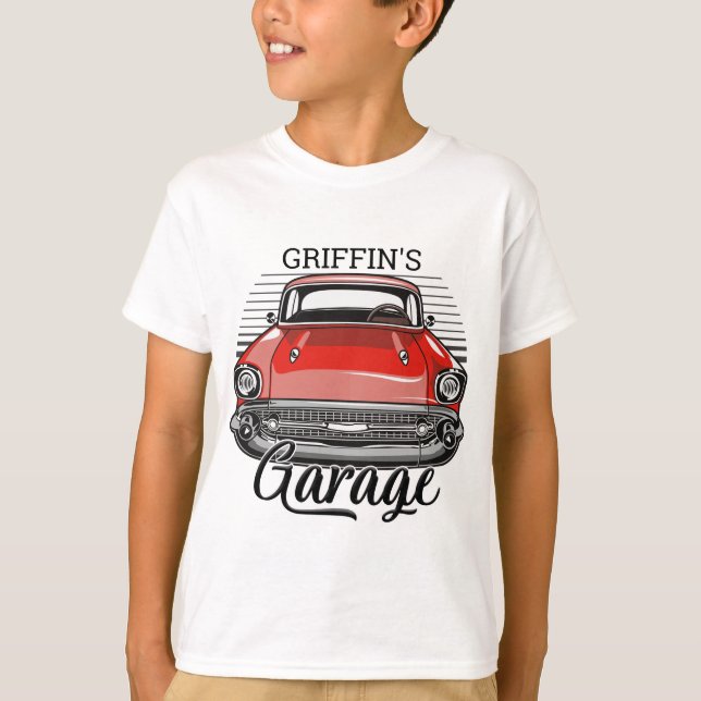 Personalisiert NAME Retro Red Classic Autogarage T-Shirt (Vorderseite)