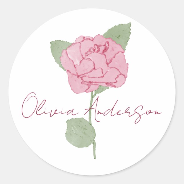Personalisiert Name Rose Blume Wasserfarben Minima Runder Aufkleber (Vorderseite)